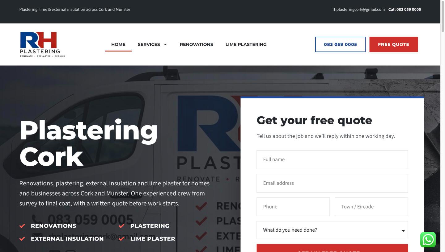 RH Plastering website homepage